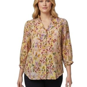 LAUREN CONRAD Women's‎ XL Floral Balloon Sleeve Button Up Blouse Cotton Blend